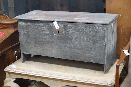 A 17th century six plank coffer, length 89cm, depth 34cm, height 46cm